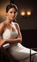 a young woman in a white dress is posing for a photo