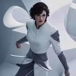 a woman standing in a room holding a sci - fi fil and a large knife