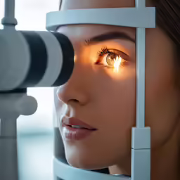 a woman with a light up eye looking through a telescope