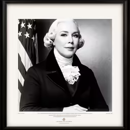 an old photo of a woman with blonde hair and an american flag