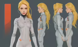 three rendering of a blonde woman in futuristic garb