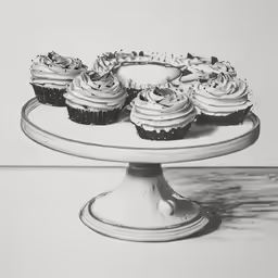 black and white image of four cupcakes on top of a cake plate