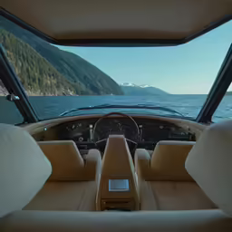 view of the cockpit from inside a boat at sea