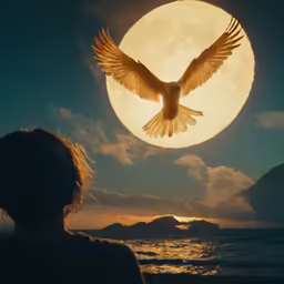 a woman watching the moon rise over a beach