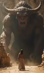a woman standing in front of a giant demon