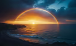 a rainbow appears above the ocean on an overcast day