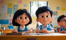 a group of children wearing uniforms at desk