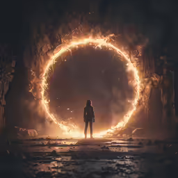 a man standing in a huge circular light