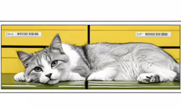 a grey and white cat laying on top of a table