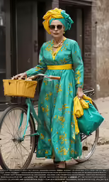 a woman with a turban, sunglasses, and bag walks a bike