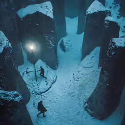 man is walking into a cave near a street light covered in snow