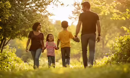 family walking through grassy area at sunset on sunny day