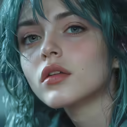 a woman with blue hair and bright make - up looks to her left