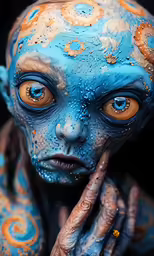 a person with blue and orange makeup painted on their face