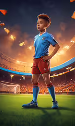 a very young boy standing on a soccer field in front of an audience,a person on a soccer field in front of an arena