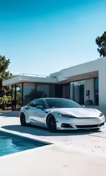 a white car in front of a large house
