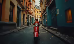 a motor scooter that is parked near some buildings