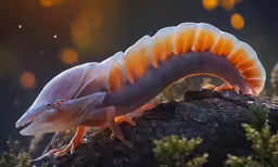 a light colored, plating gecko crawling on the edge of a mossy mountain