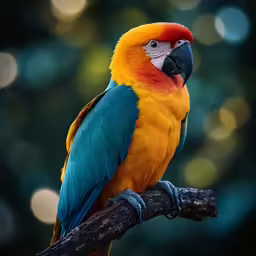 parrot on branch next to blurred background in daylight