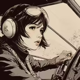 a woman wearing headphones driving a plane
