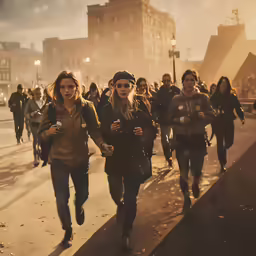a group of people walking on a street at dusk