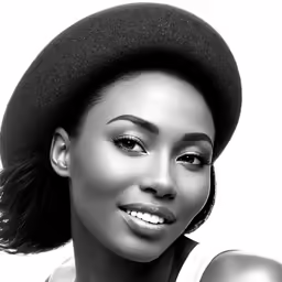 a woman with a big smile wearing a hat