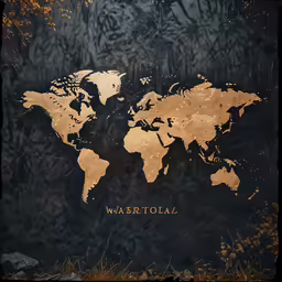 a golden and black wall with the map of the world on it