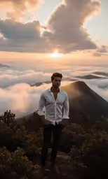 a man standing on top of a mountain with the sun setting behind him