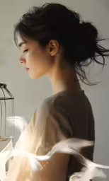 the woman is holding a cage with a bird in it