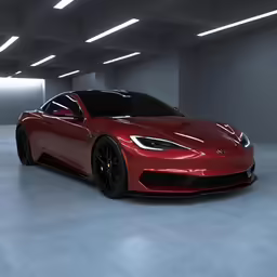 the red car is parked inside the empty garage