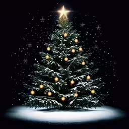 a lit christmas tree with snow and lights on