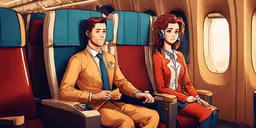 a man and woman sitting on a plane seat,people are sitting on an airplane with an orange shirt