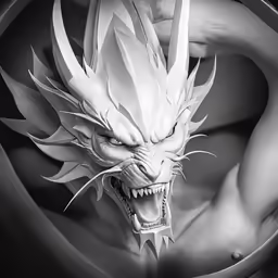 a large white dragon head with a huge grin
