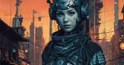 a female soldier wearing futuristic headgear standing near buildings,the character in the video game cyber city
