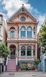 a brown and pink house has two plants on the porch