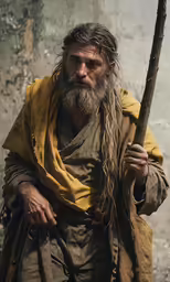 man with long white hair and beard holding long stick in greyscatle