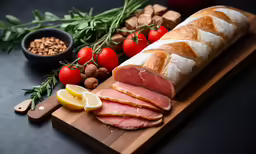 meat, ham and vegetables are arranged on a cutting board