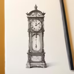 the black and white picture shows an old clock