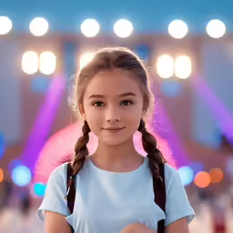 an adorable little girl holding a banana next to a carnival hall