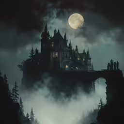 a castle with turrets and steeple standing on the cliff in front of a full moon