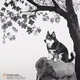 a black and white photo of a dog sitting on a rock