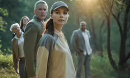 a man standing in front of two women on a forest background