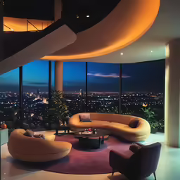 a view of the city lights from a high rise living room