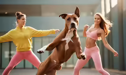 three girls in pink pants and one dog with two dogs