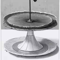 the antique plate holds an umbrella and has it on the plate stand