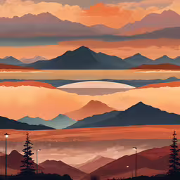 a mountain range with several hills and a cloudy sky,the view of a mountain range is in orange