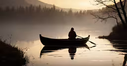 a man that is standing up in a boat,a man in a canoe paddles on a body of water