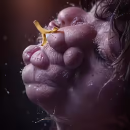 a person with wet skin has their hands behind a banana