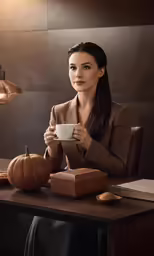 a woman in a suit sitting at a desk holding a cup of coffee