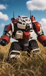 a lego robot sitting in the middle of a field